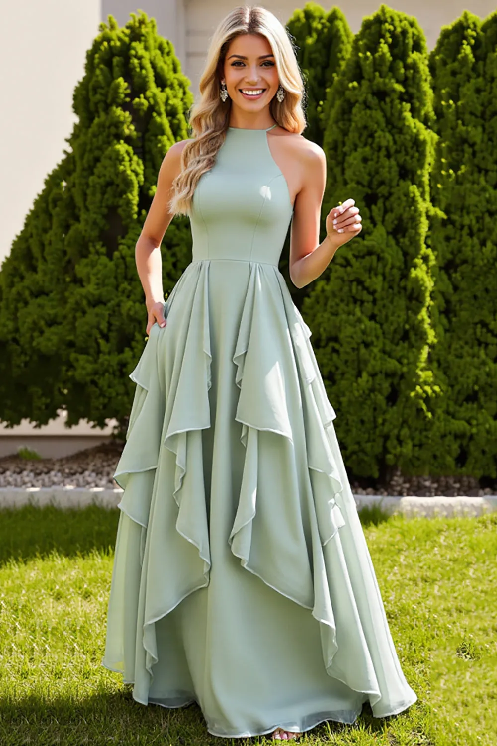 Sage Green Chiffon A Line High Neck Maxi Bridesmaid Dress with Ruffles