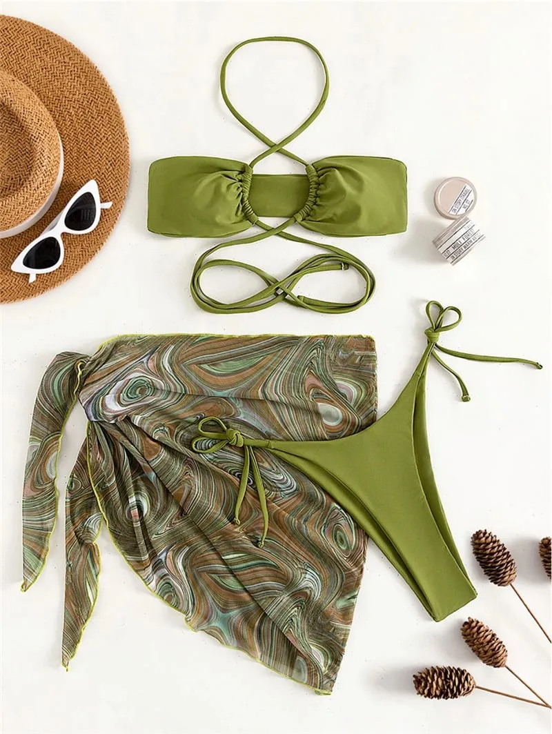 Sexy backless halter neck tie-strap bikini  Swimsuit Set - As shown / S