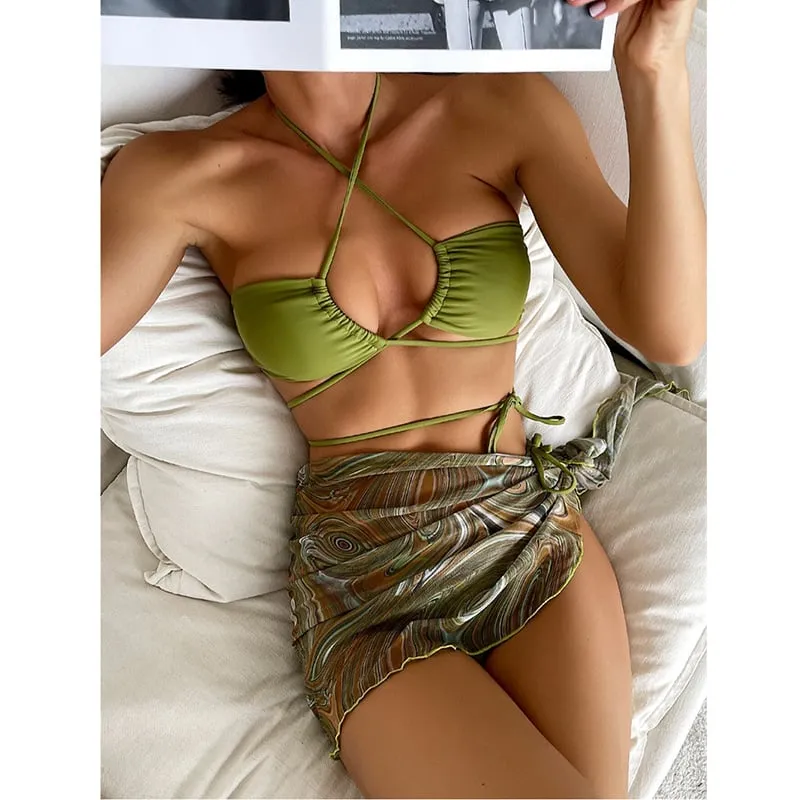Sexy backless halter neck tie-strap bikini  Swimsuit Set - As shown / S