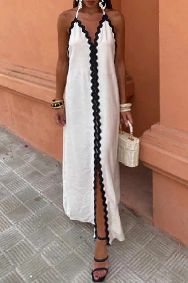 Sexy Street Ripple Lace Up Patchwork Backless Contrast Halter Sleeveless Dresses