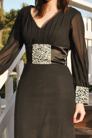 Sheath V-neck Long Sleeves Floor Length Beaded Chiffon Evening Dress
