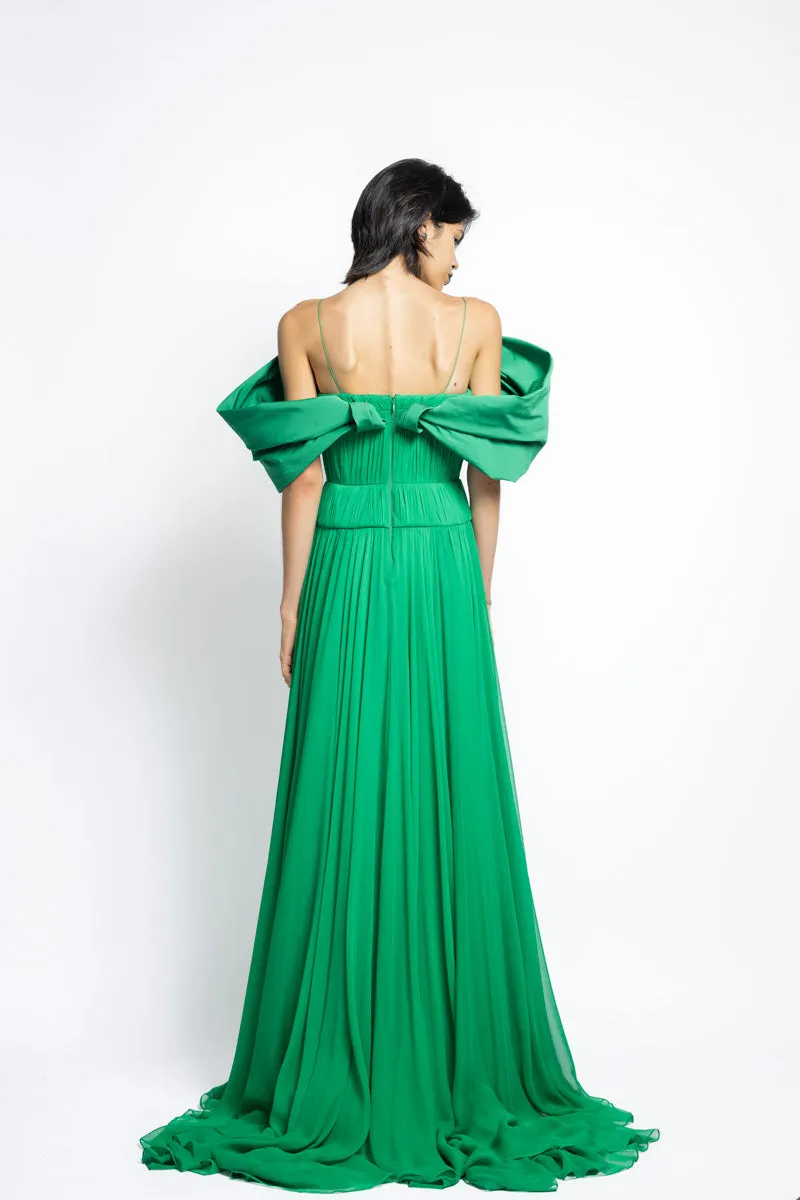 Silk Pleated Chiffon Gown With Off The Shoulder Petal Faille Drape