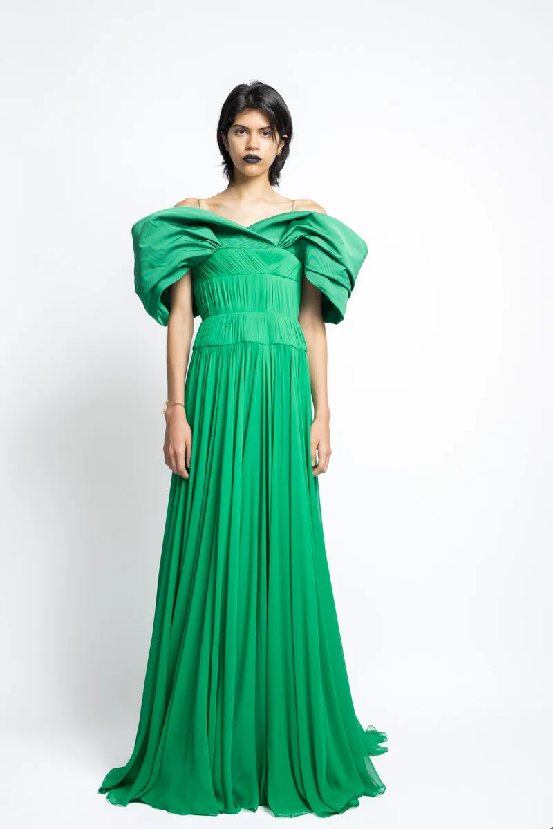Silk Pleated Chiffon Gown With Off The Shoulder Petal Faille Drape