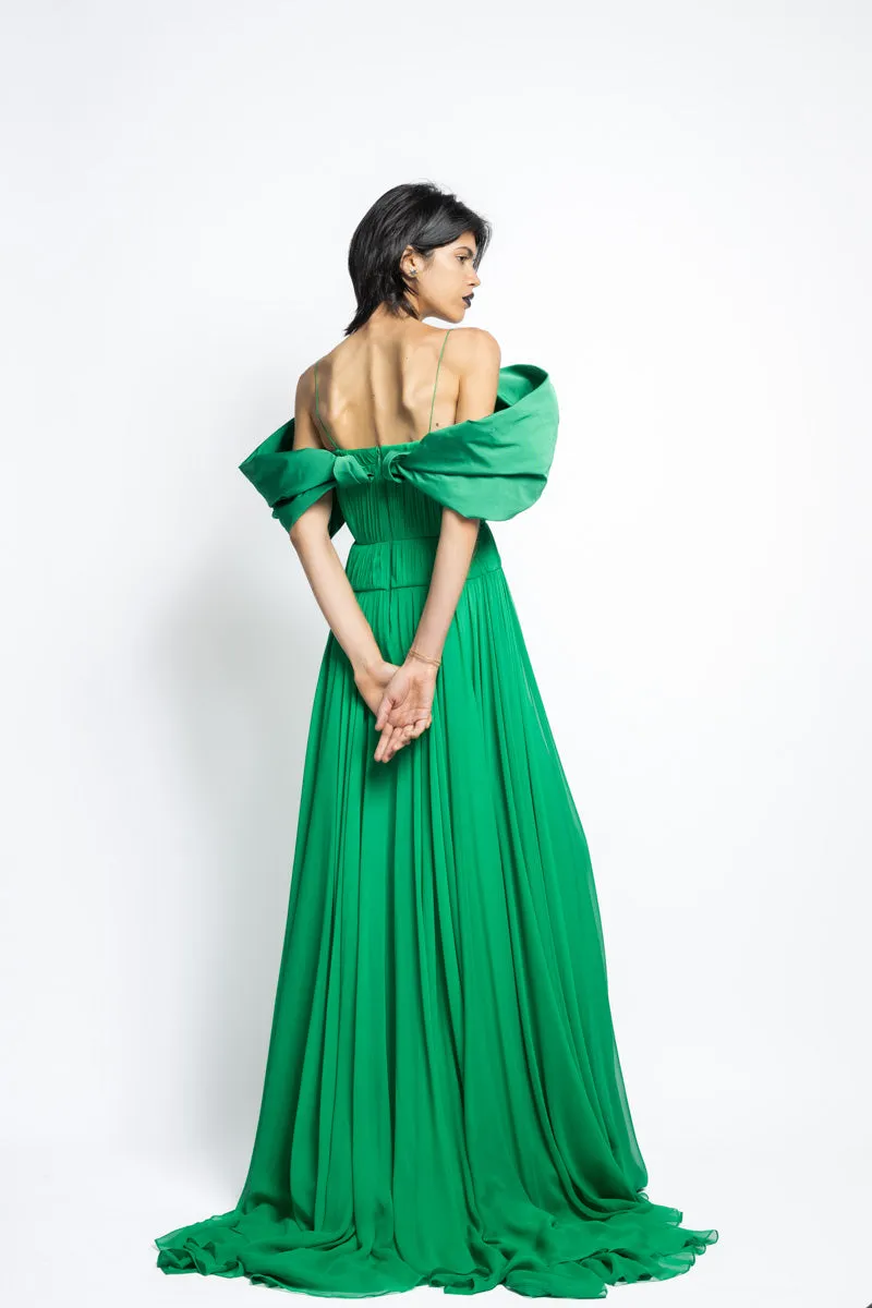 Silk Pleated Chiffon Gown With Off The Shoulder Petal Faille Drape