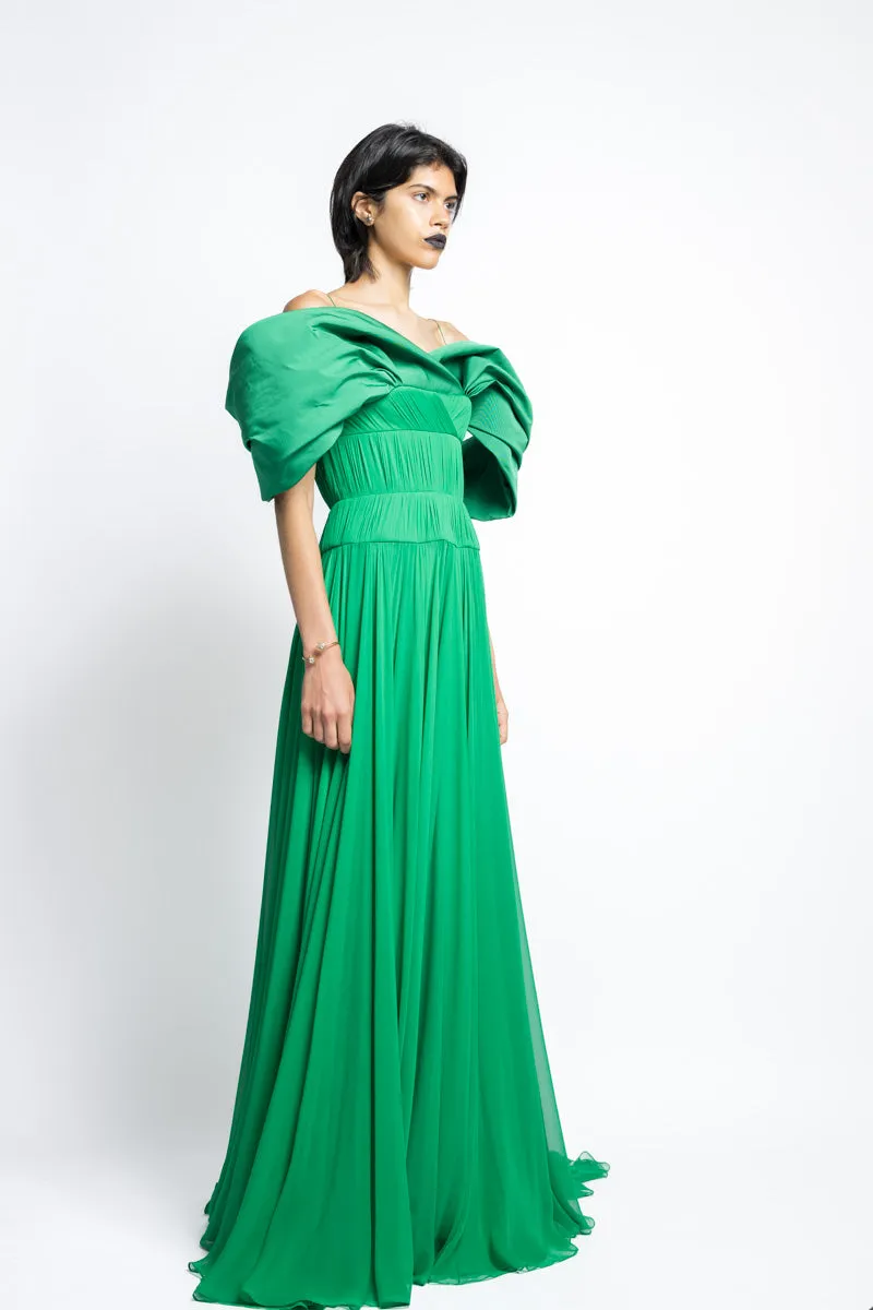 Silk Pleated Chiffon Gown With Off The Shoulder Petal Faille Drape
