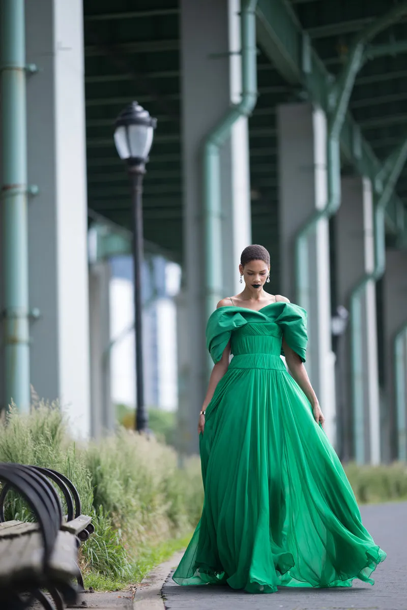Silk Pleated Chiffon Gown With Off The Shoulder Petal Faille Drape