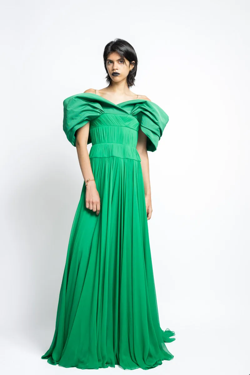 Silk Pleated Chiffon Gown With Off The Shoulder Petal Faille Drape
