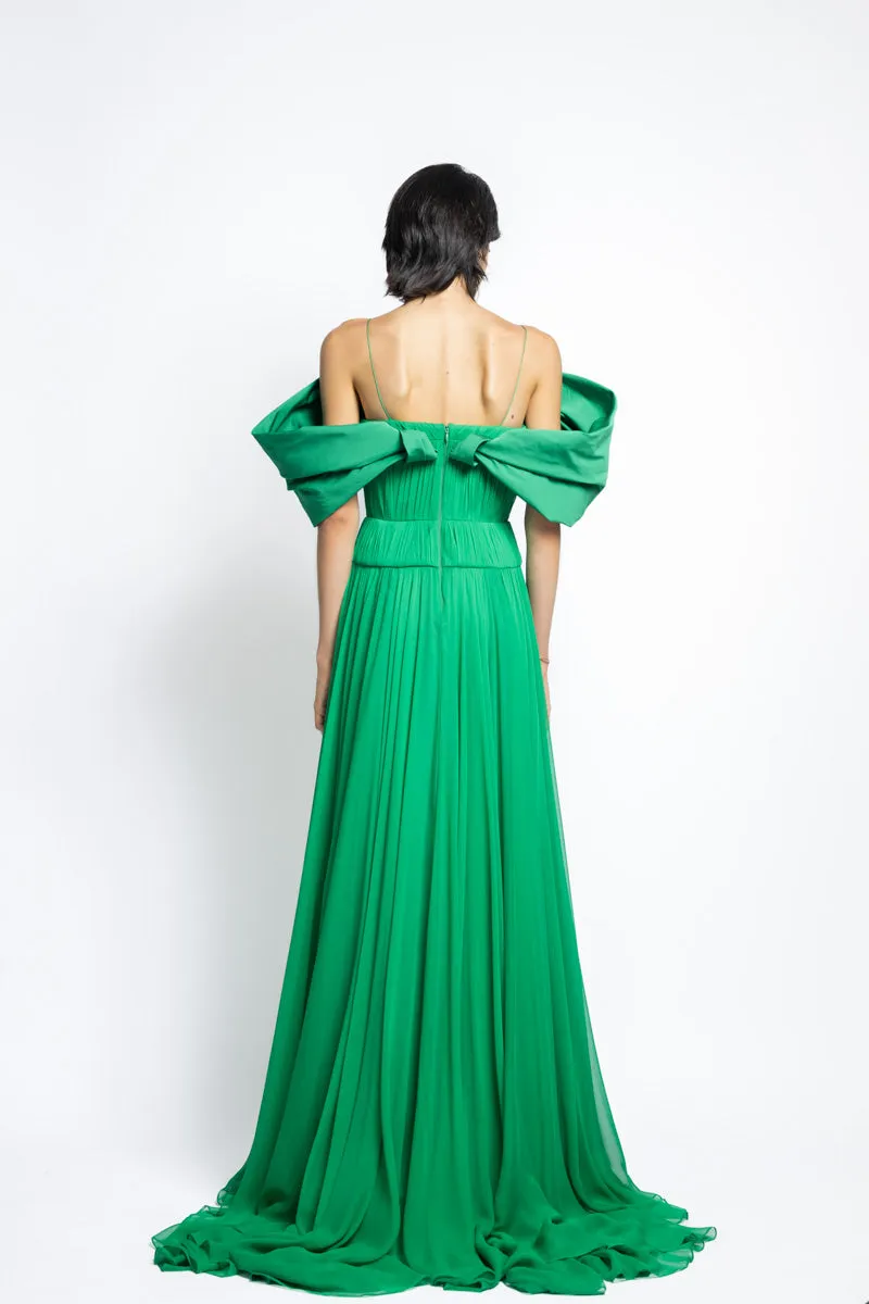 Silk Pleated Chiffon Gown With Off The Shoulder Petal Faille Drape