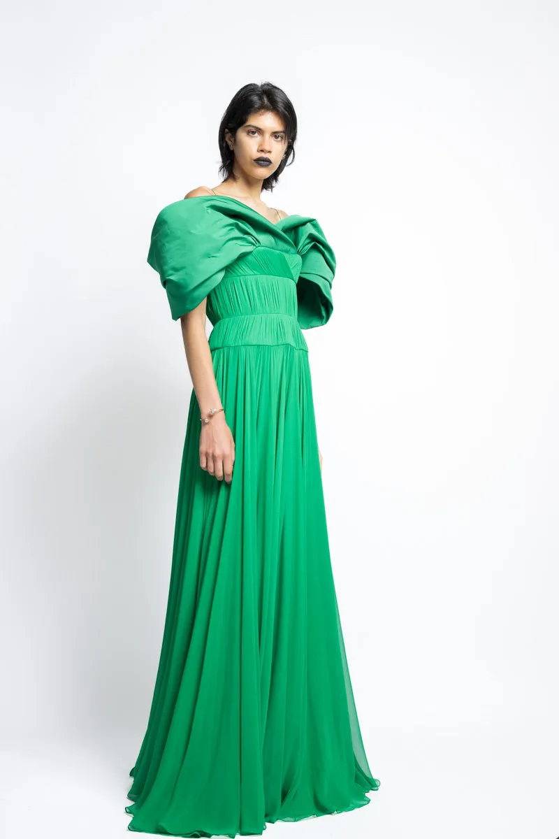 Silk Pleated Chiffon Gown With Off The Shoulder Petal Faille Drape