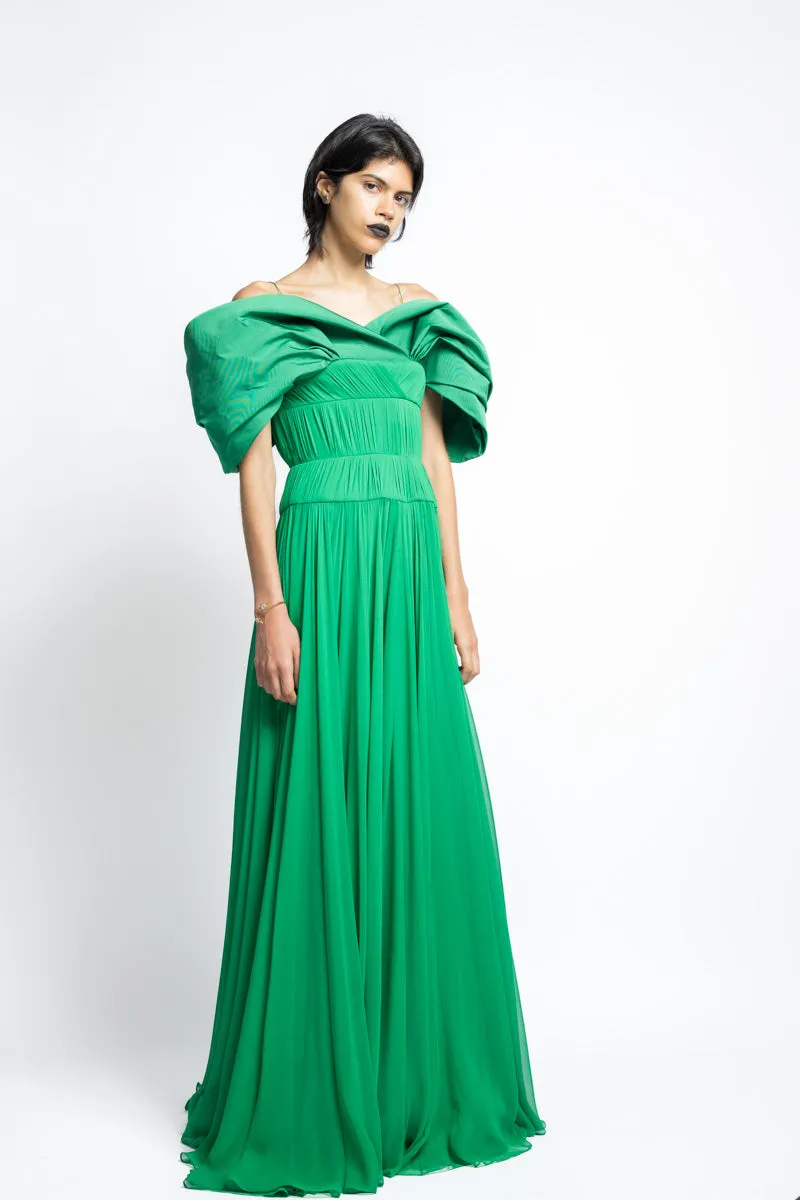 Silk Pleated Chiffon Gown With Off The Shoulder Petal Faille Drape