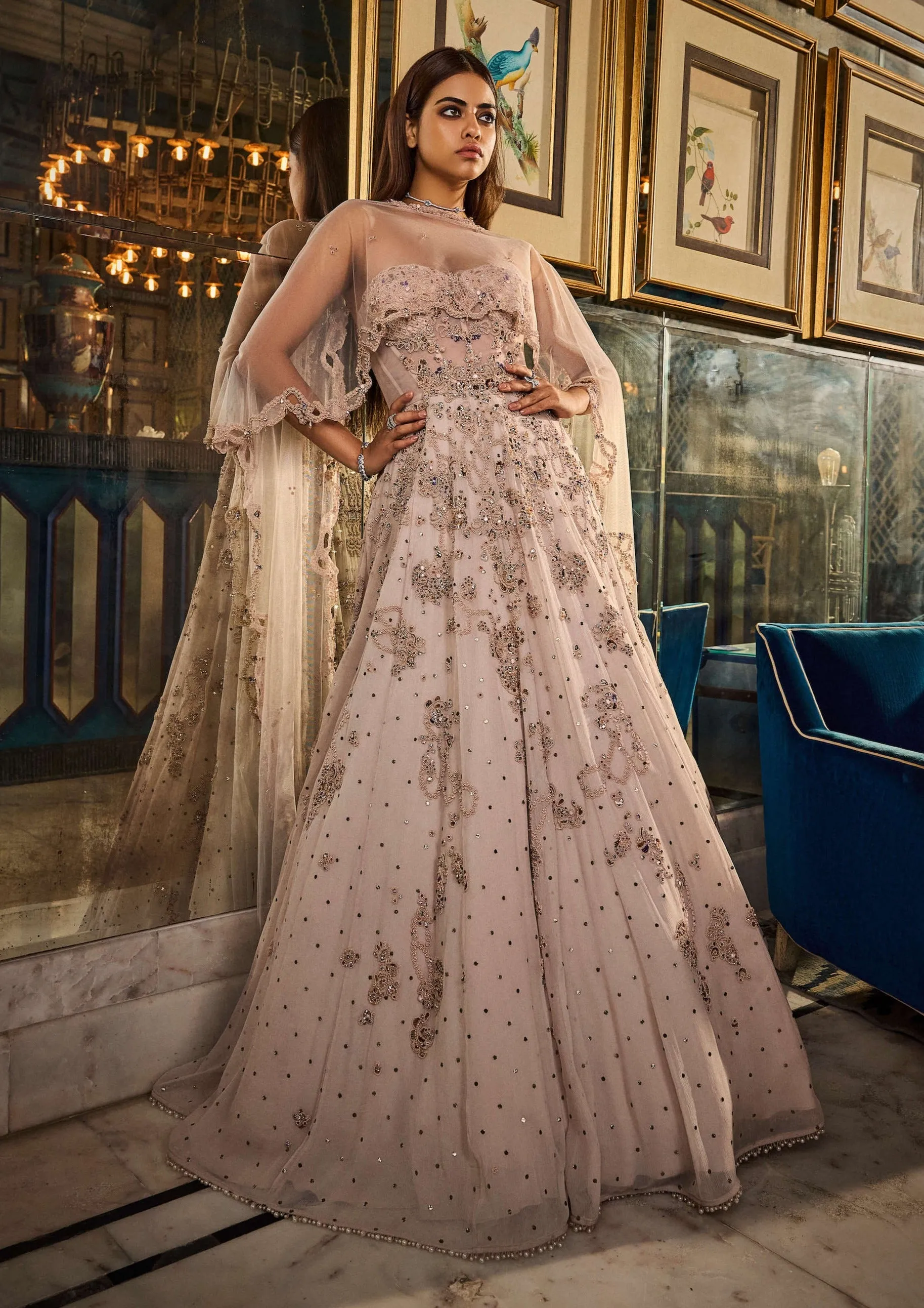 Smoked ivory chiffon kamdani anarkali and dupatta