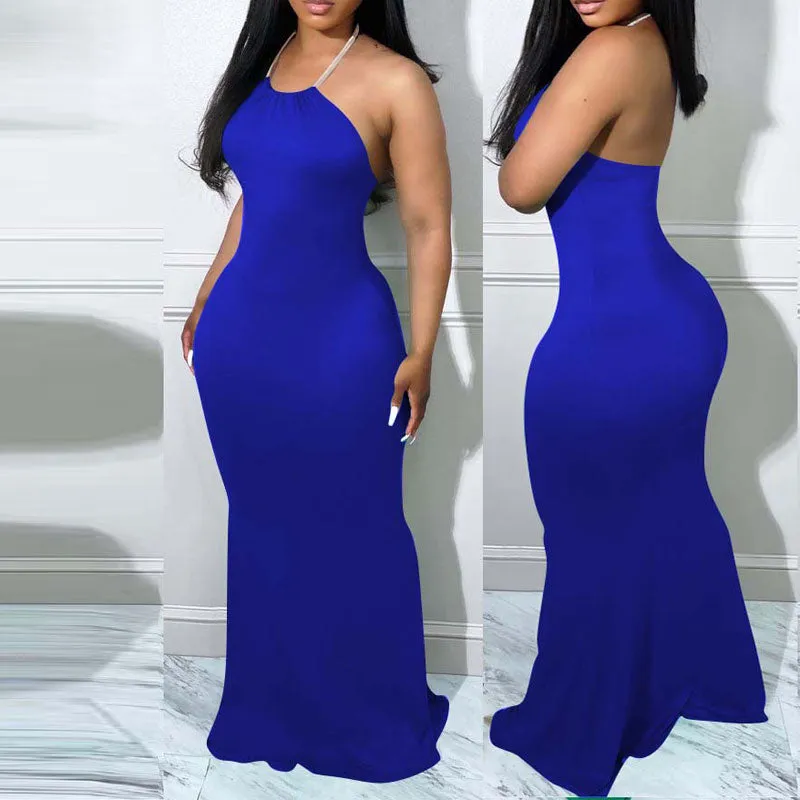 Solid Halter Backless Maxi Dress