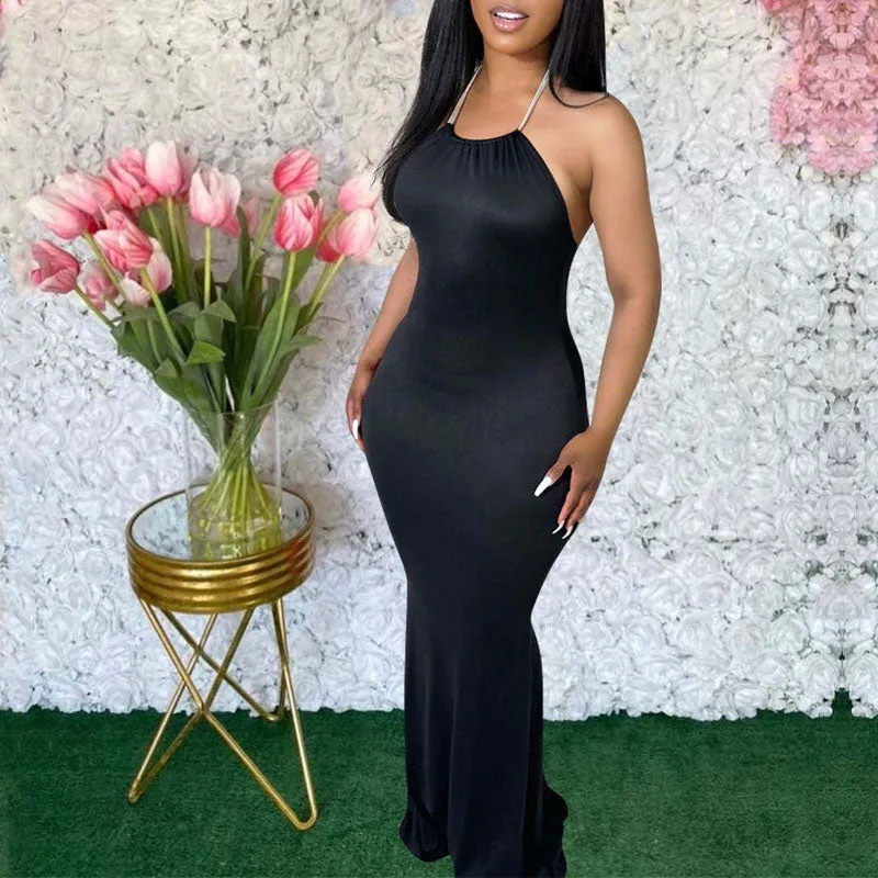 Solid Halter Backless Maxi Dress