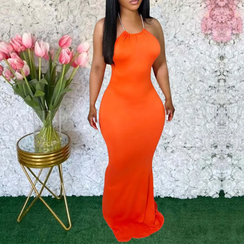 Solid Halter Backless Maxi Dress