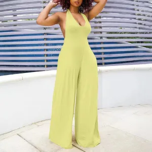 Solid Halter Deep V-Neck Backless Wide Leg Jumpsuit