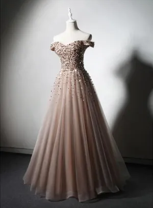 Sparkle Champagne Tulle Long Prom Gown, Off Shoulder Sequins Party Dress
