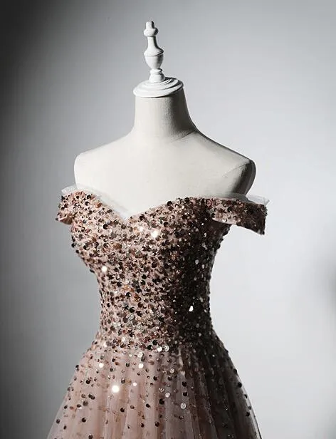 Sparkle Champagne Tulle Long Prom Gown, Off Shoulder Sequins Party Dress