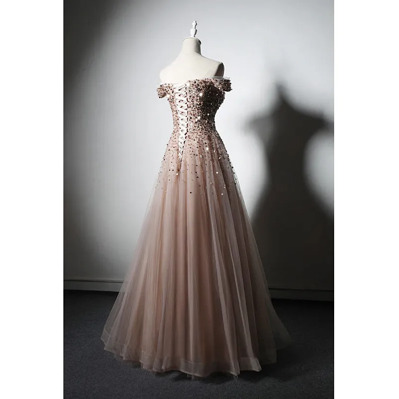 Sparkle Champagne Tulle Long Prom Gown, Off Shoulder Sequins Party Dress