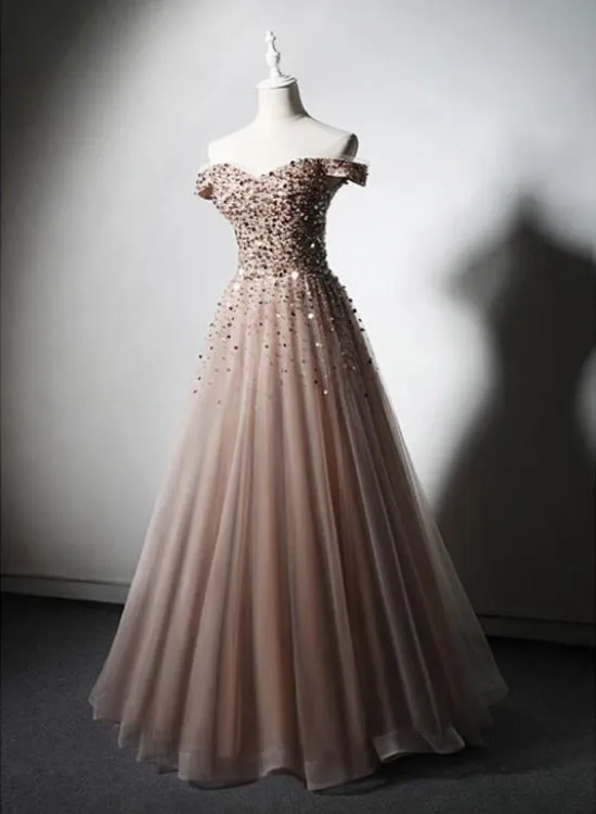 Sparkle Champagne Tulle Long Prom Gown, Off Shoulder Sequins Party Dress