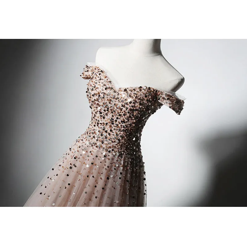 Sparkle Champagne Tulle Long Prom Gown, Off Shoulder Sequins Party Dress