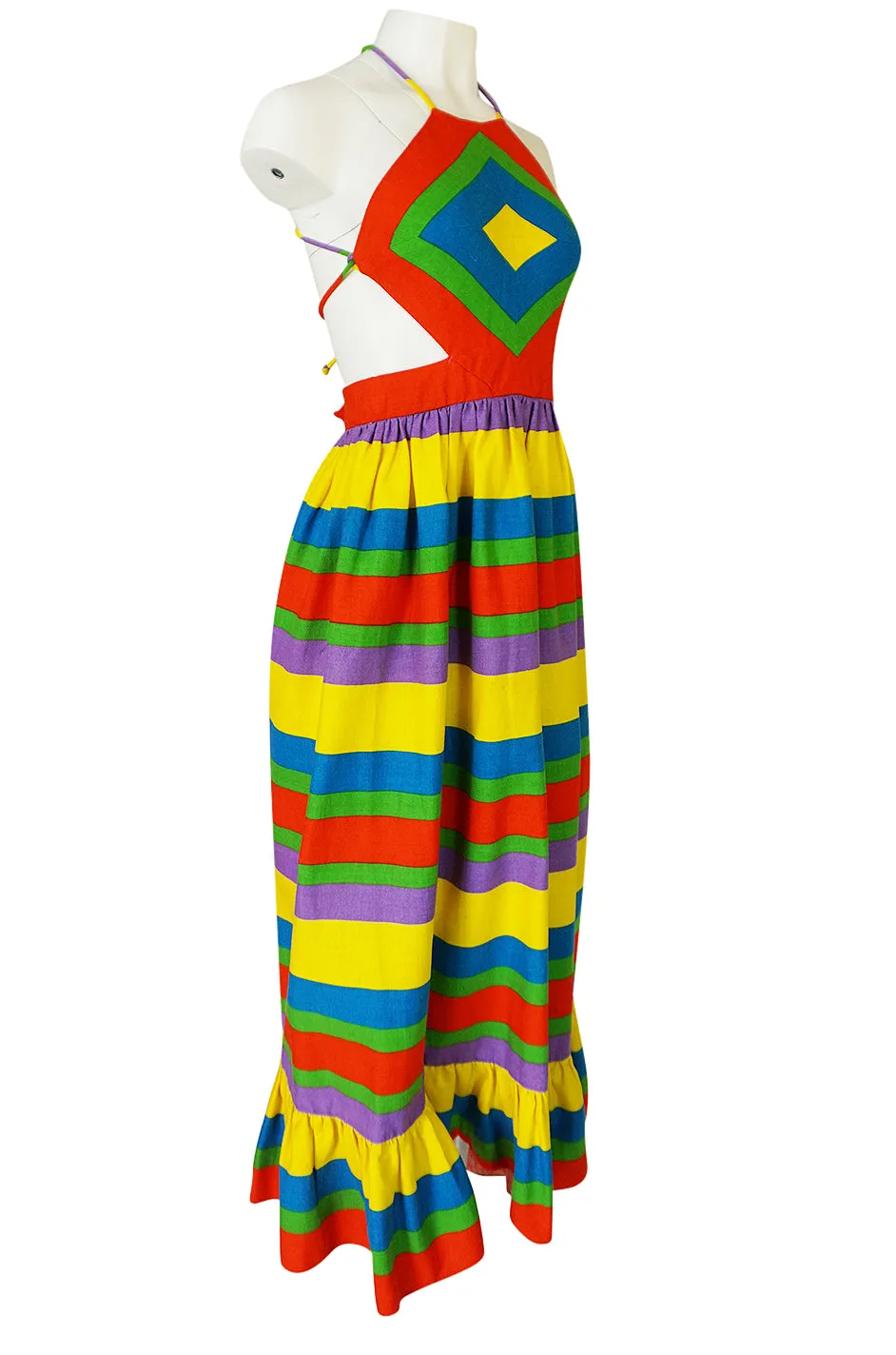 Spring 1972 Oscar de la Renta Rainbow Striped Backless Halter Dress