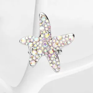 Starfish Bubble Abalone Stone Embellished Silver Stretch Ring