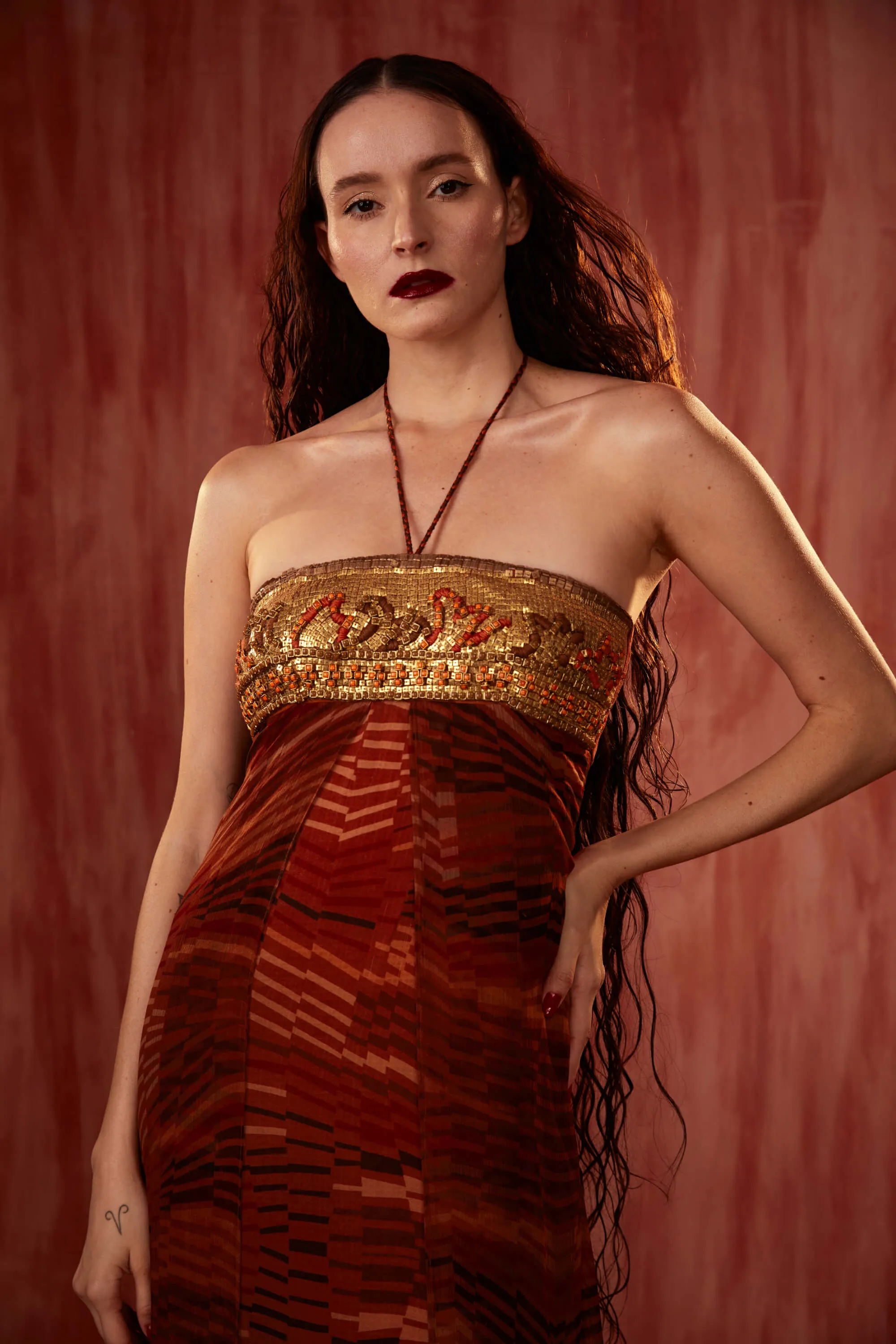 Tangerine byzantine halter maxi gown