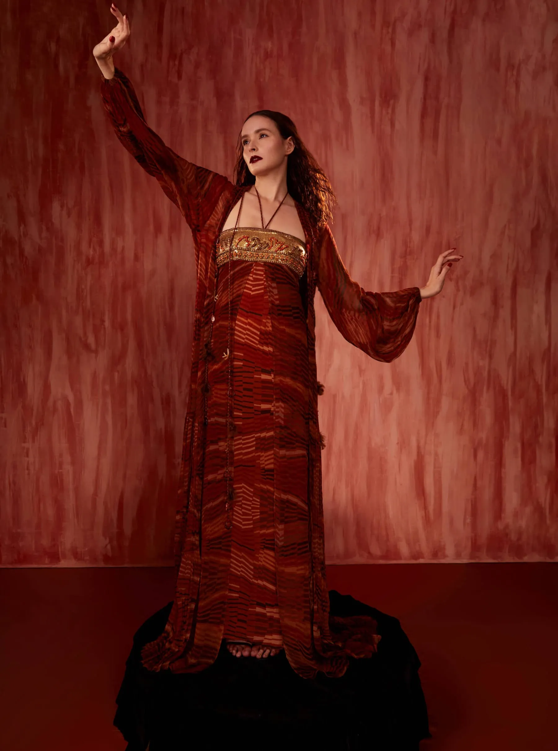 Tangerine byzantine halter maxi gown