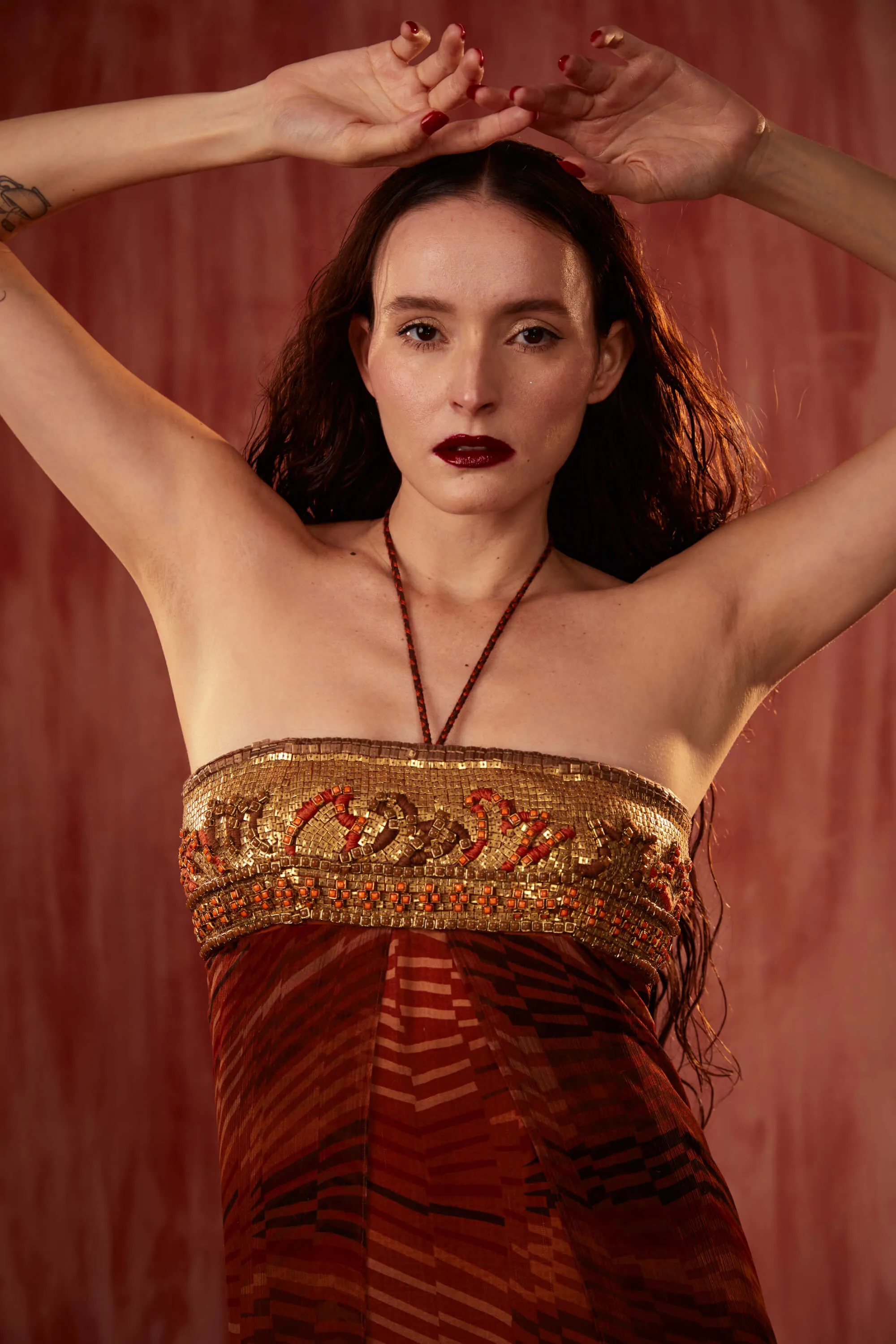 Tangerine byzantine halter maxi gown