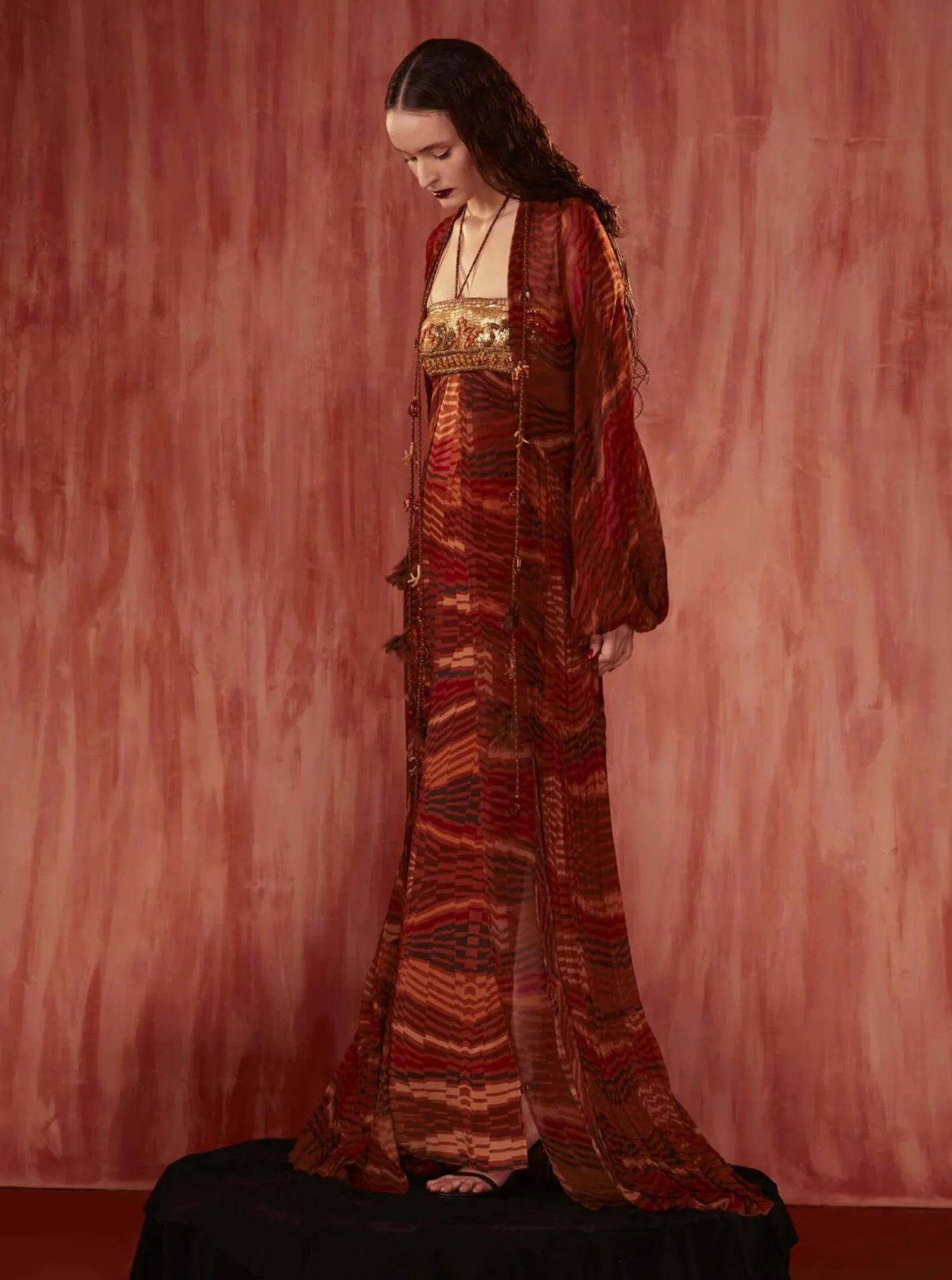 Tangerine byzantine halter maxi gown