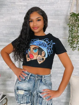 TE9523P - GRAPHIC EMBROIDERY DETAIL CROP TOP