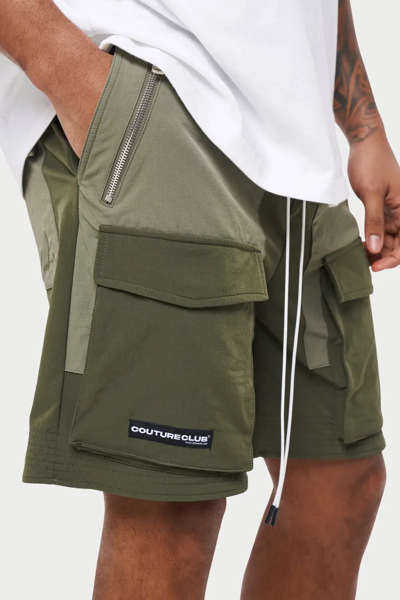 The Couture Club Panelled Cargo Shorts Khaki Green