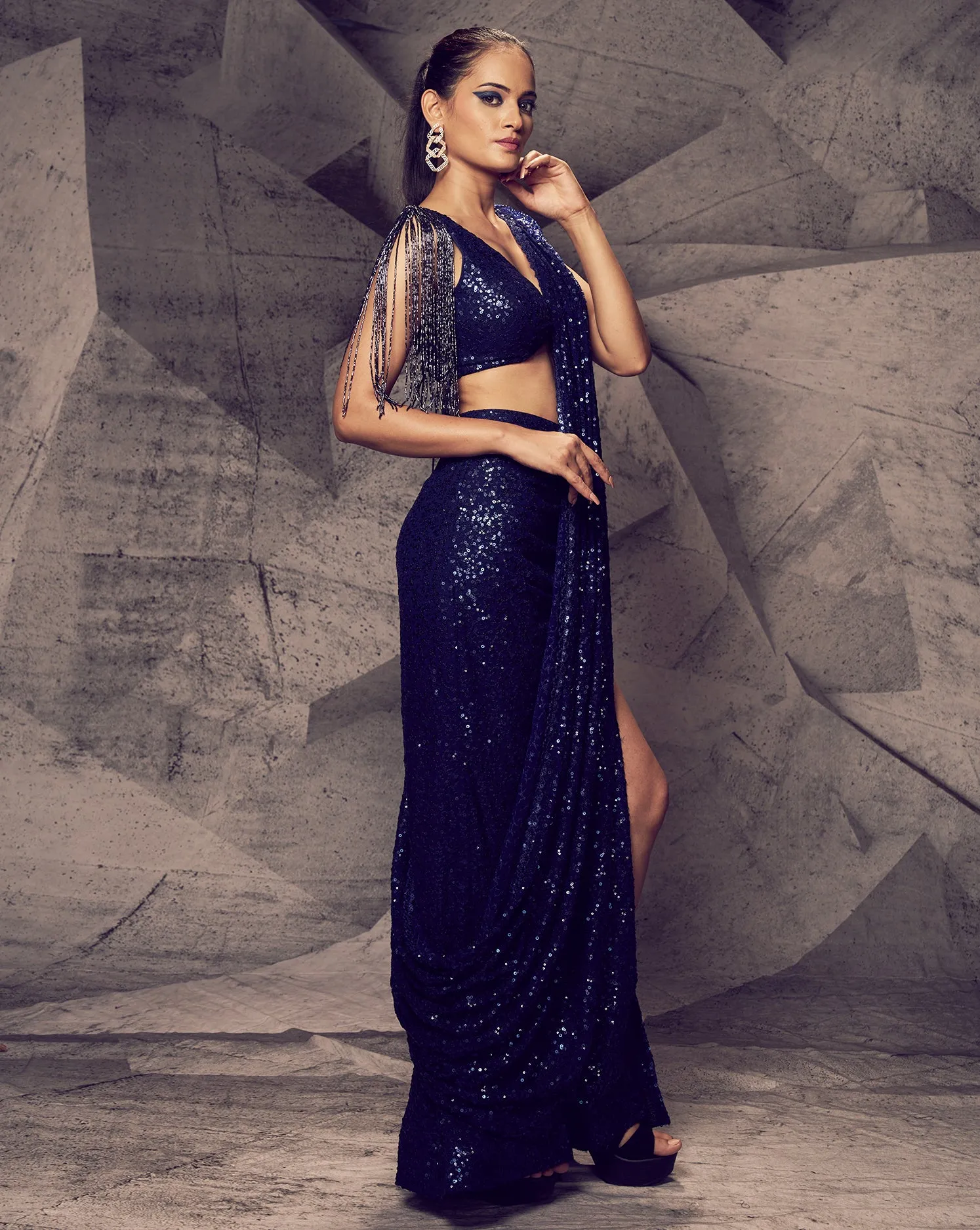 The Shimmering Blue Slit Sari
