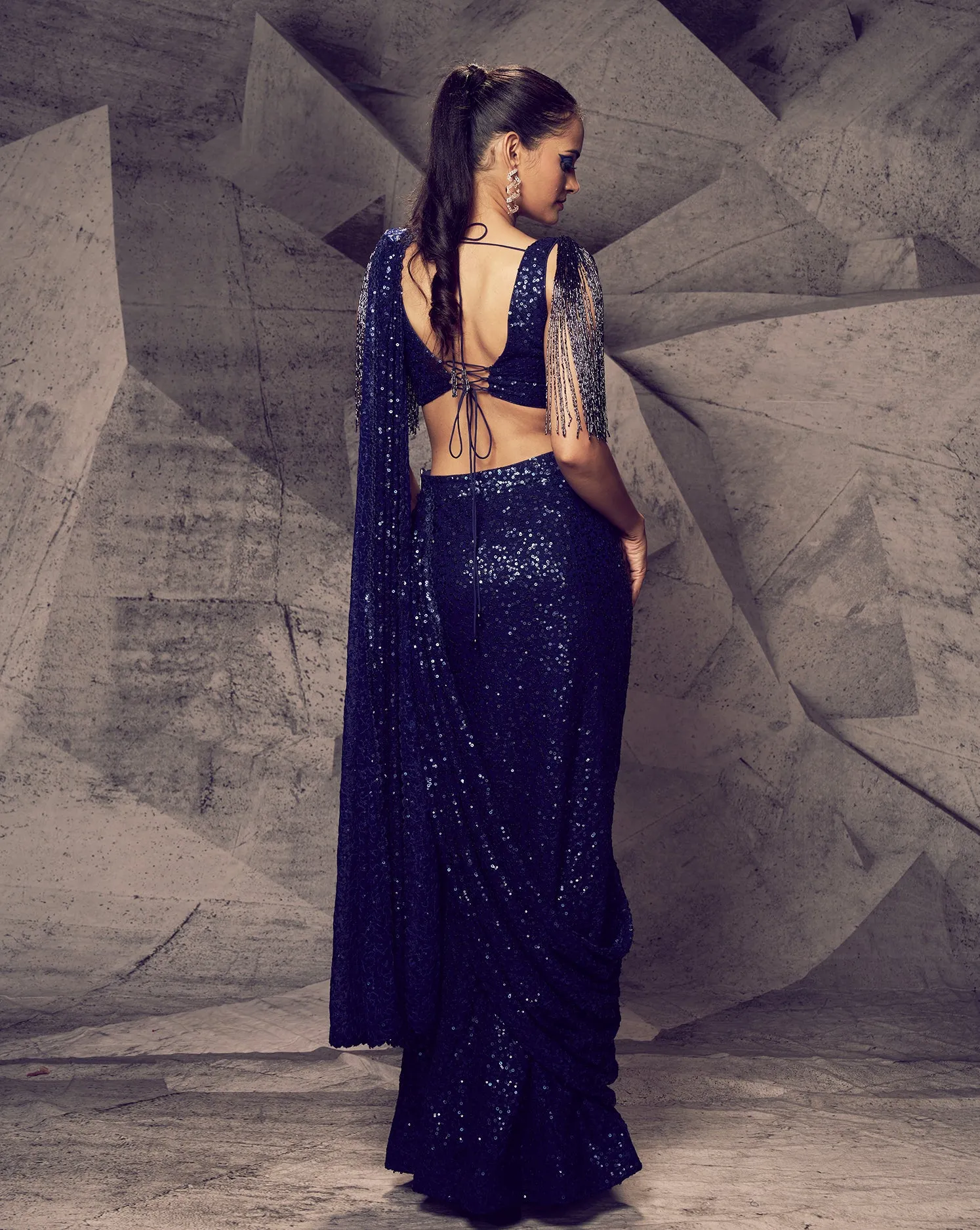 The Shimmering Blue Slit Sari