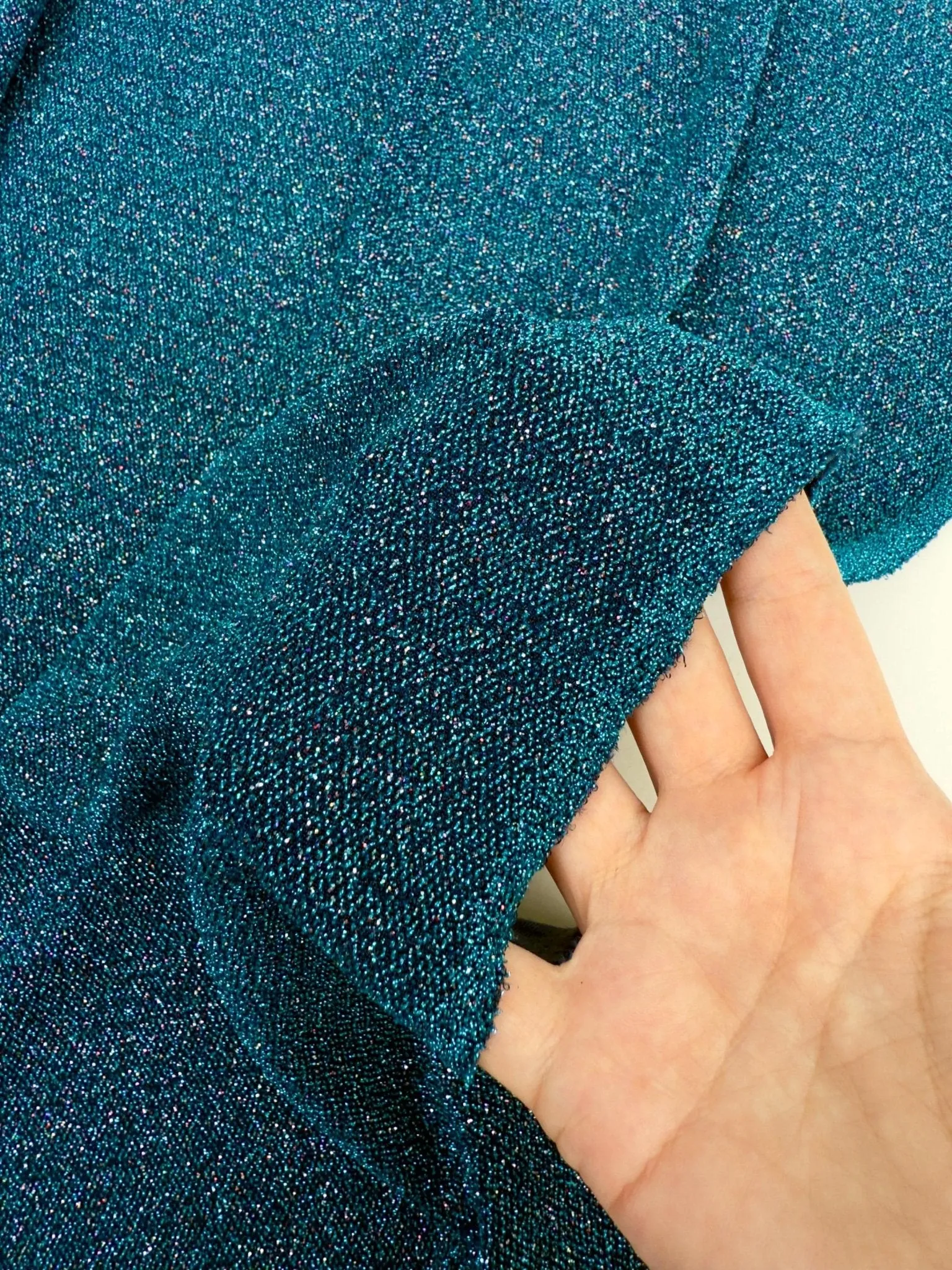 Turquoise 4 Way Stretch Lurex Fabric by The Yard Knit Spandex Shimmery Multi Color Blue Glitter Knit For Dressmaking Gown Backdrop Drapes