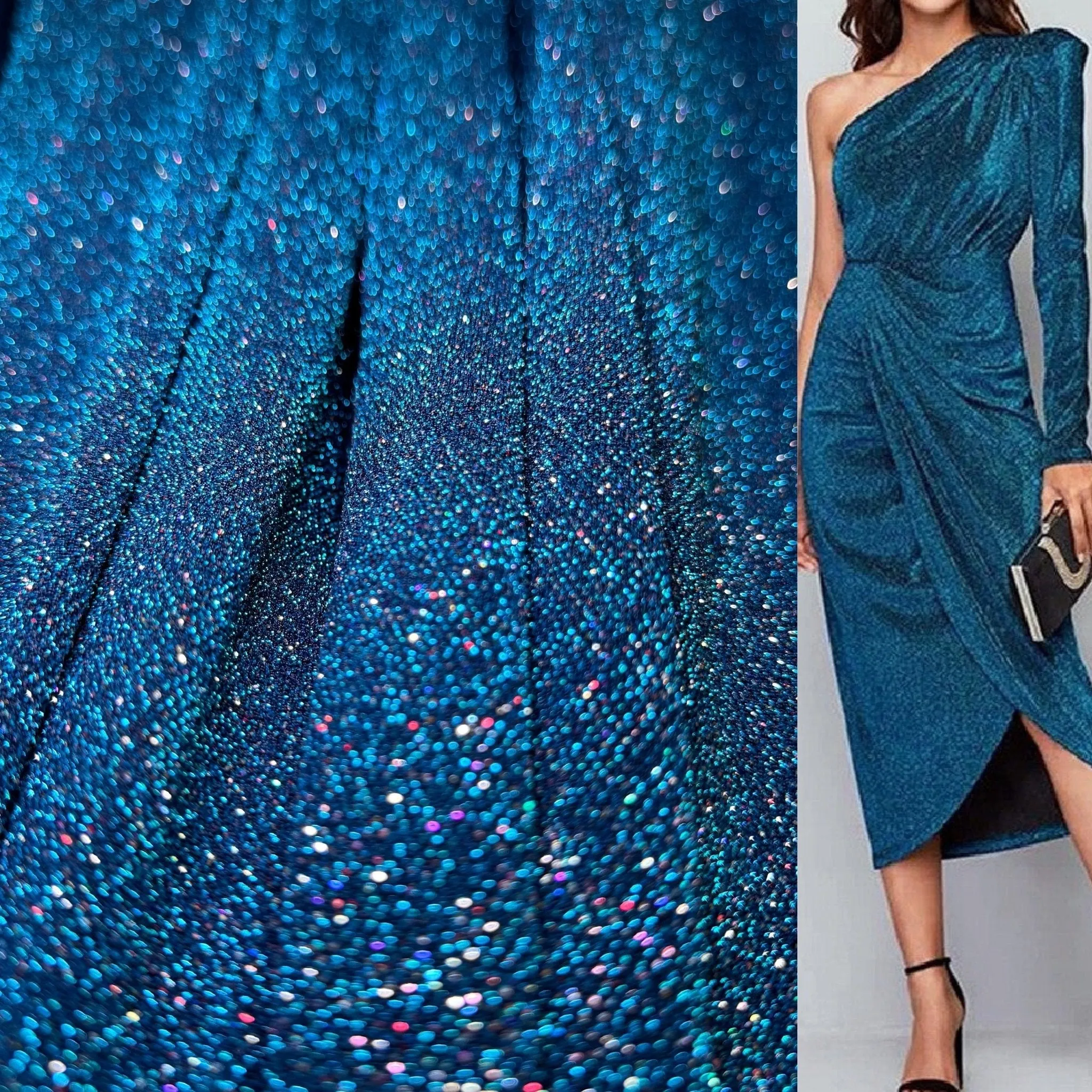 Turquoise 4 Way Stretch Lurex Fabric by The Yard Knit Spandex Shimmery Multi Color Blue Glitter Knit For Dressmaking Gown Backdrop Drapes