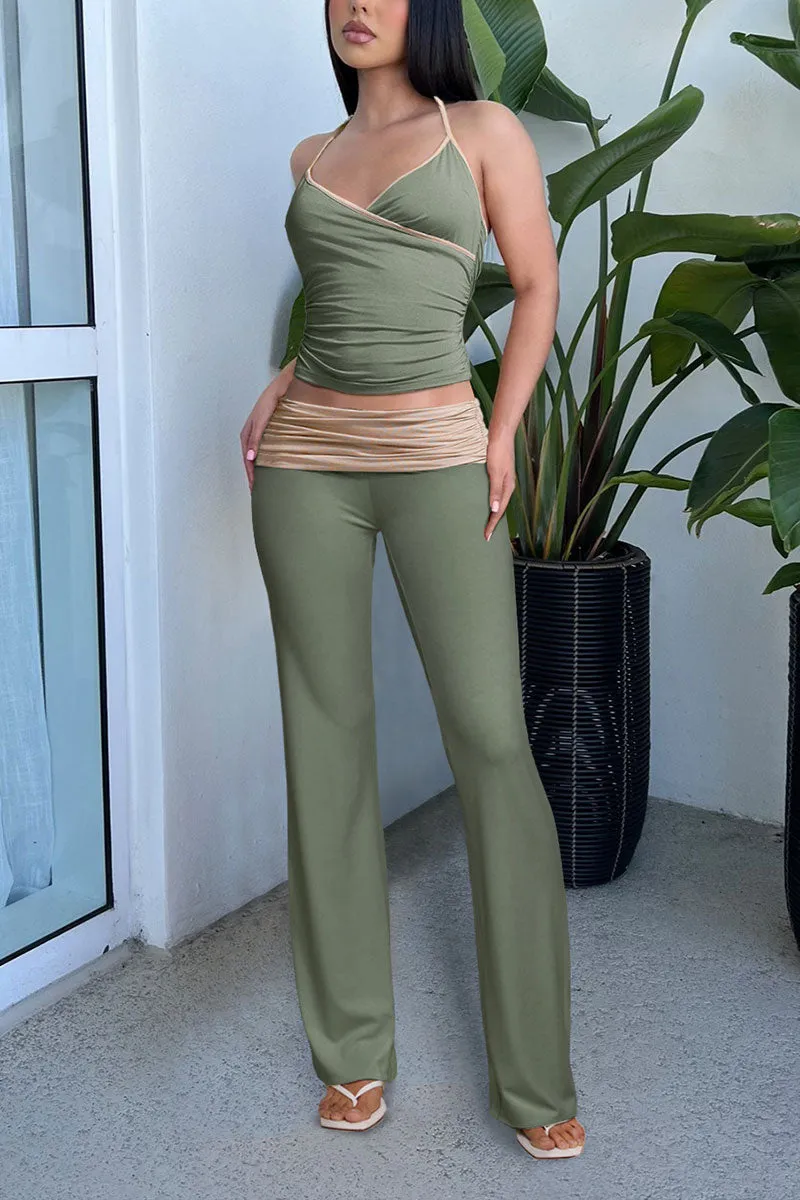 UJ689 Solid Pleated Top and Pants Set