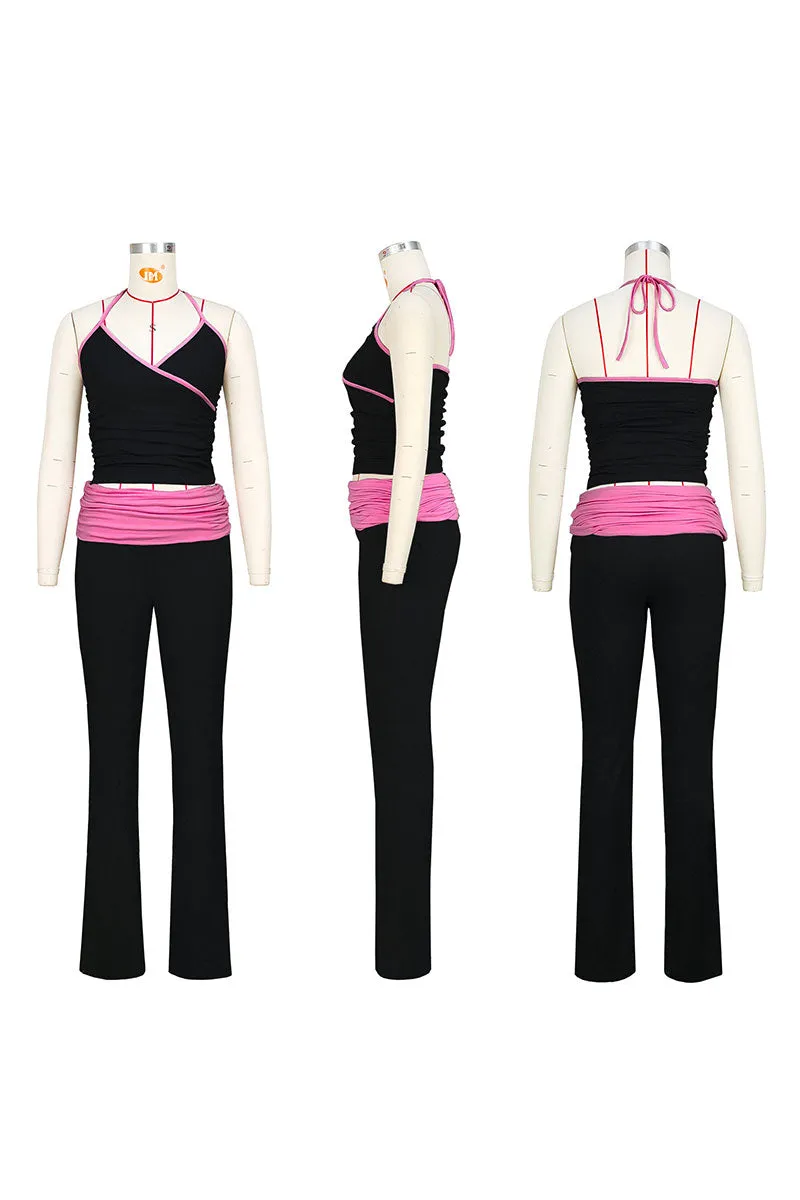 UJ689 Solid Pleated Top and Pants Set