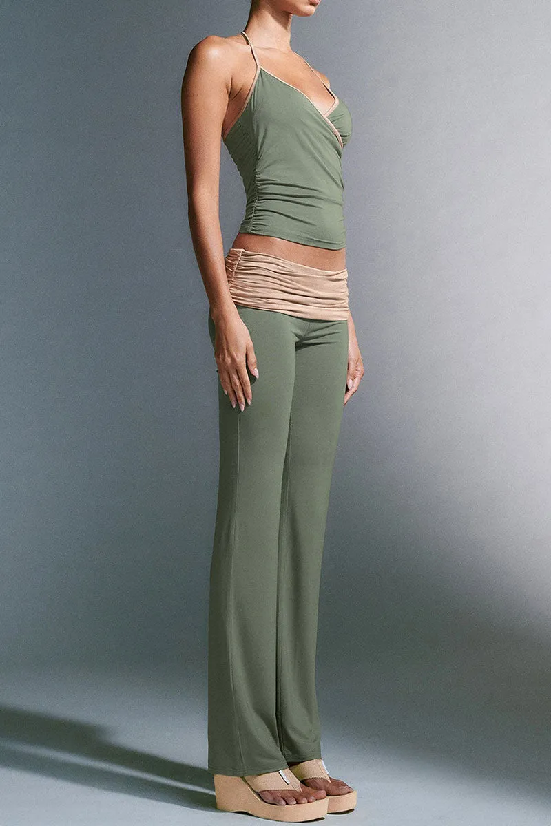 UJ689 Solid Pleated Top and Pants Set