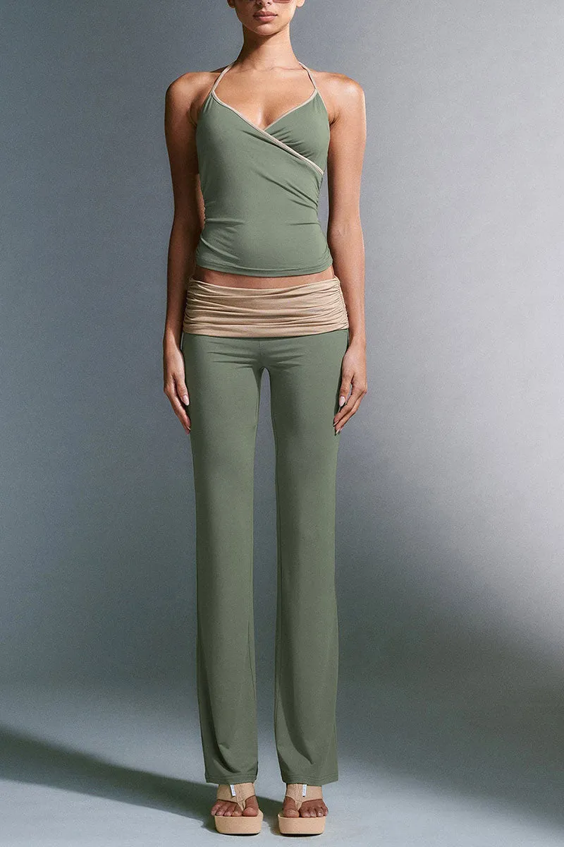 UJ689 Solid Pleated Top and Pants Set