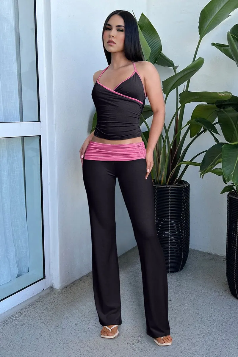 UJ689 Solid Pleated Top and Pants Set