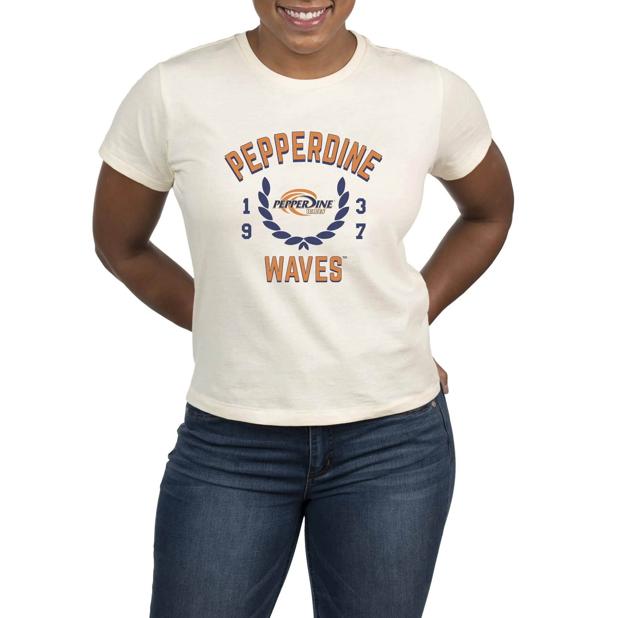 USCAPE Pepperdine University Academy High Waisted Tee, Vintage White