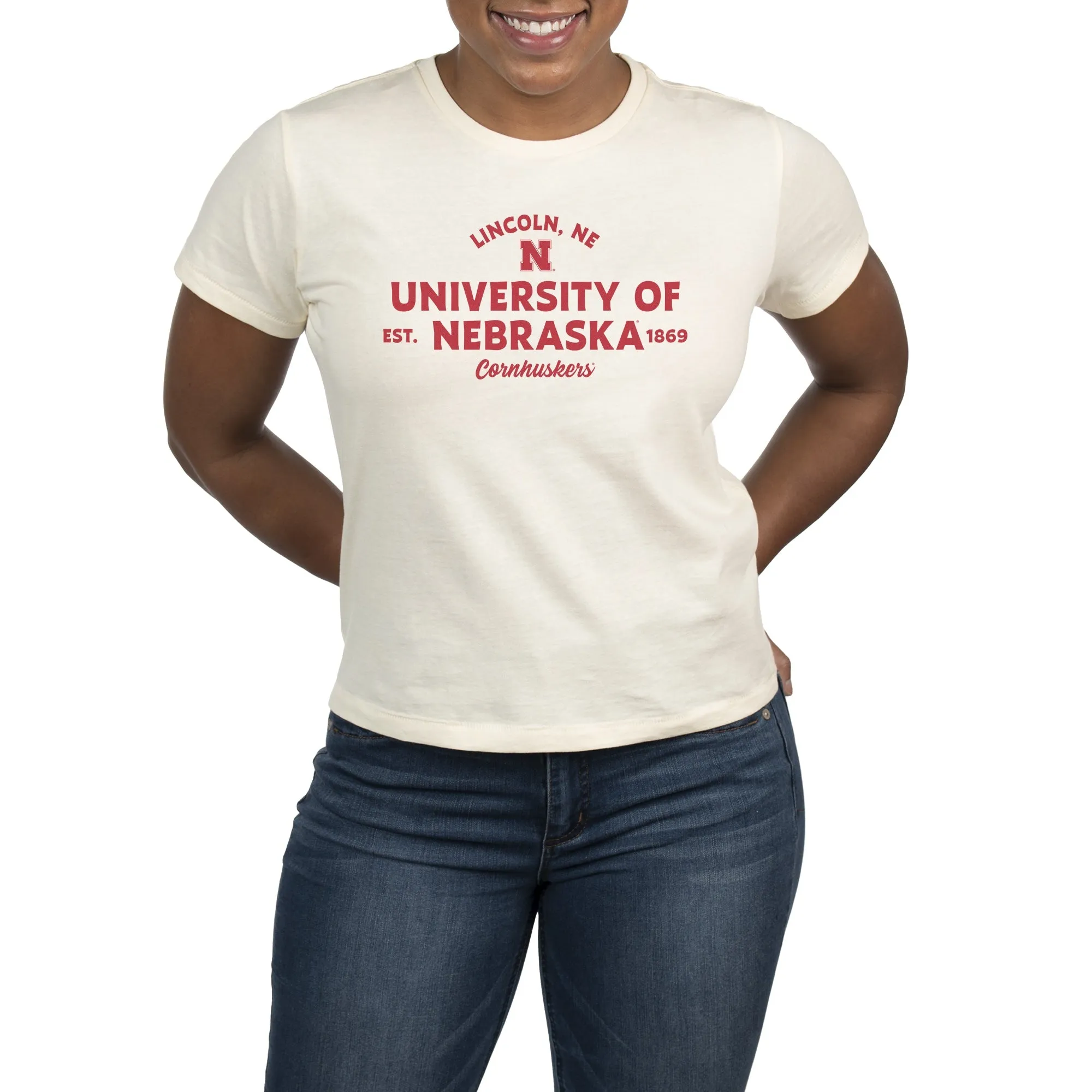 USCAPE University of Nebraska Banner High Waisted Tee, Vintage White