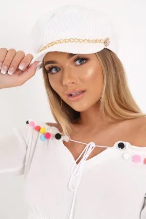 White Corduroy Gold Chain Baker Boy Hat - Mayla