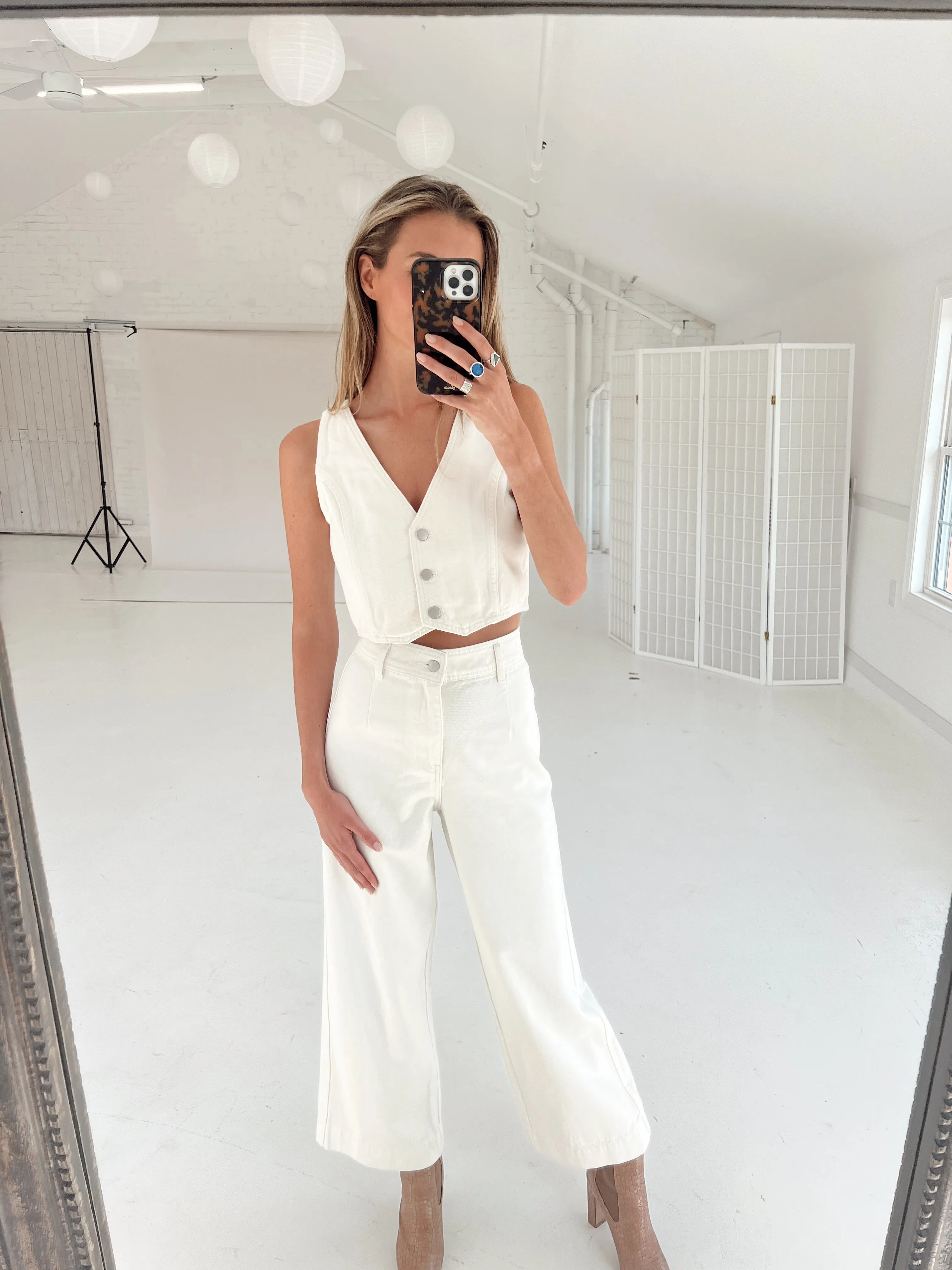 White Denim Down Crop