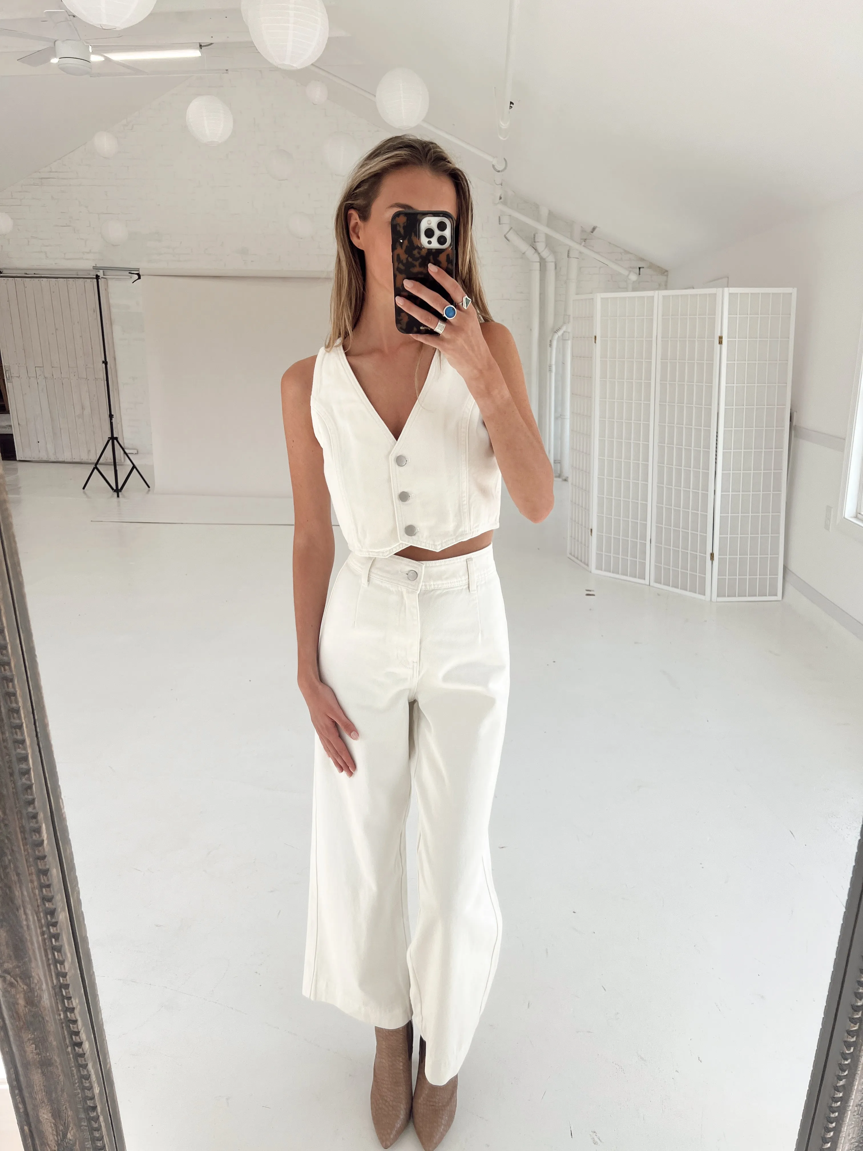 White Denim Down Crop