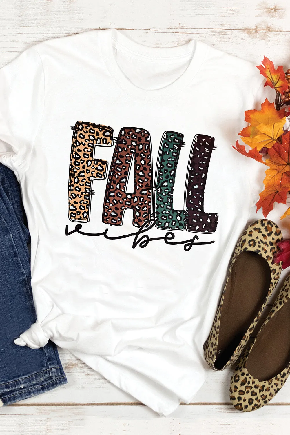 White FALL Vibe Leopard Print Crew Neck T Shirt