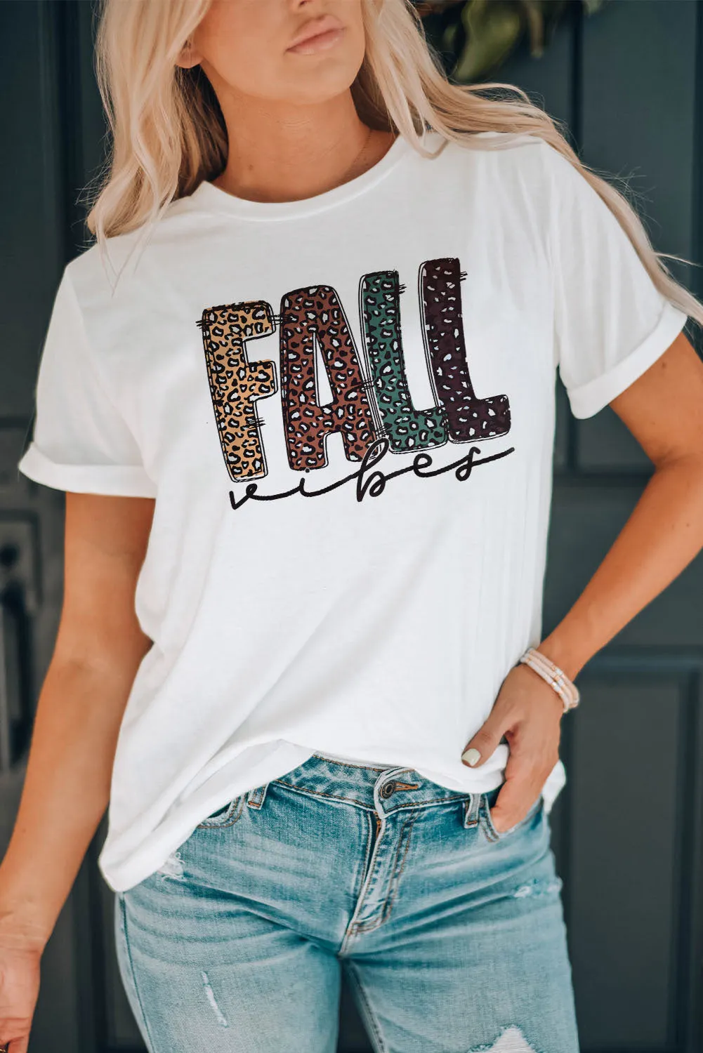 White FALL Vibe Leopard Print Crew Neck T Shirt