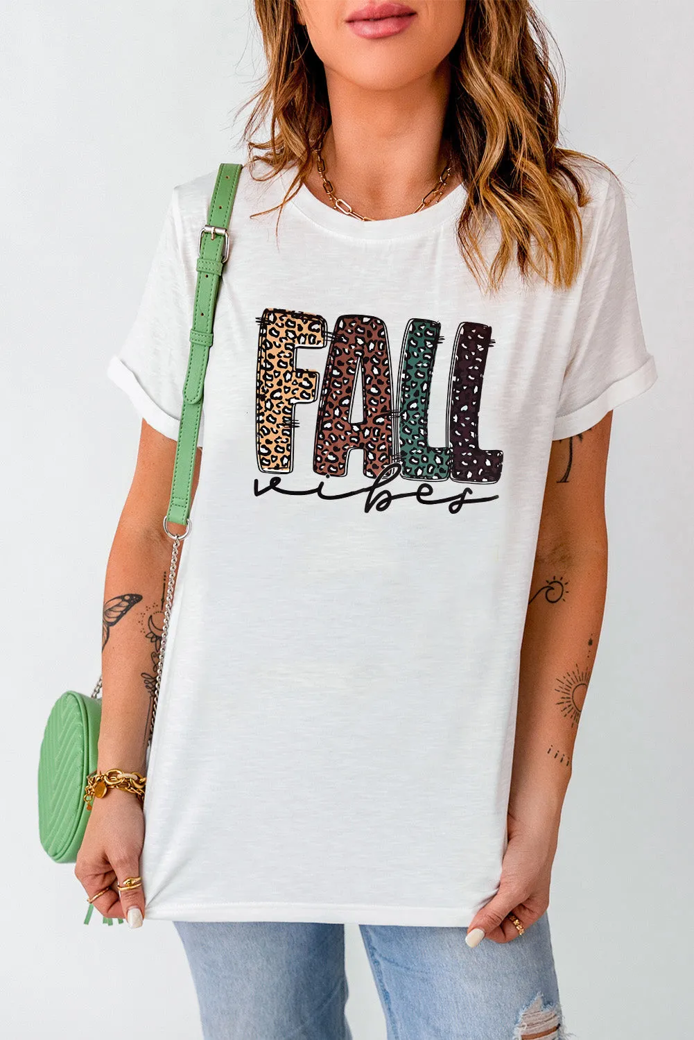 White FALL Vibe Leopard Print Crew Neck T Shirt