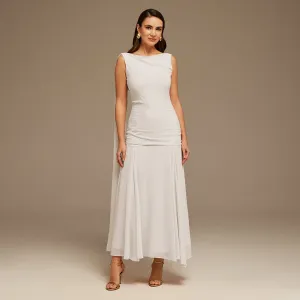 White Sleeveless Chiffon Maxi Dress with embroidery